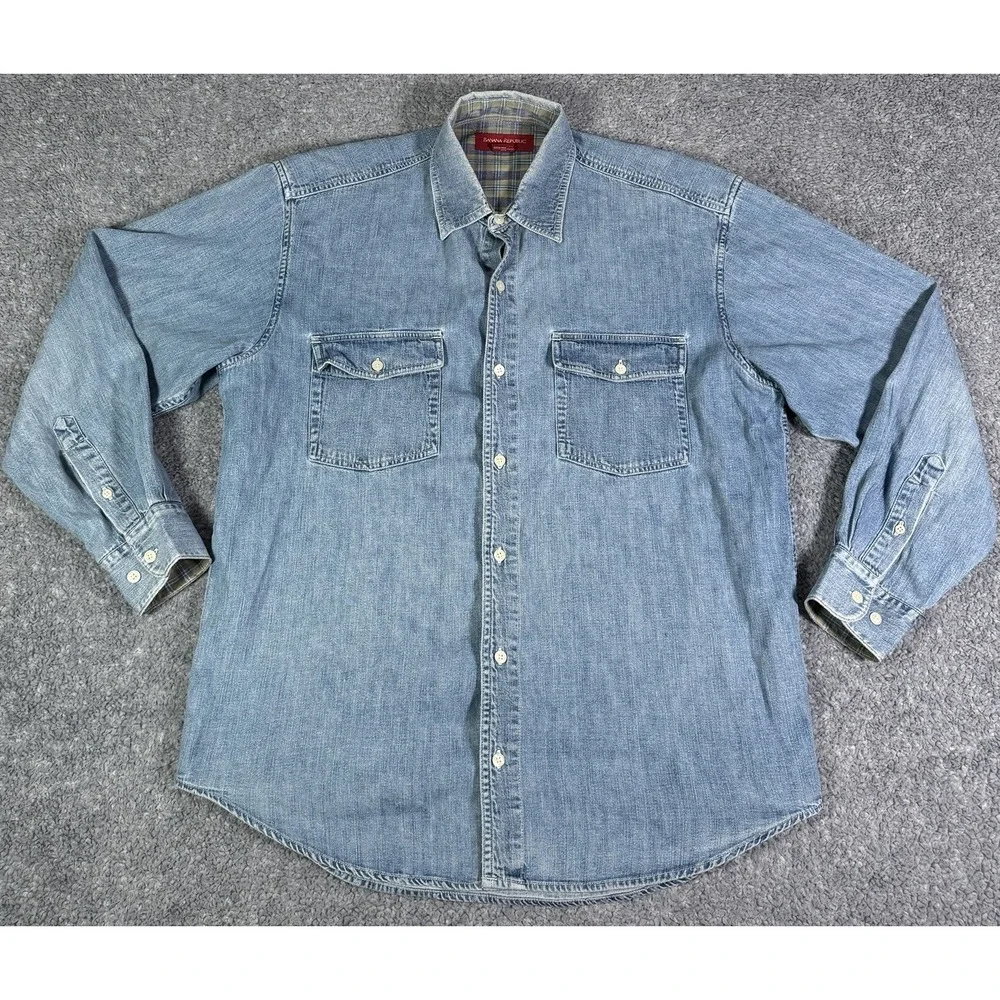 Vintage 90s Banana Republic Denim Shirt Button Up Plaid Accent Men's Size Medium